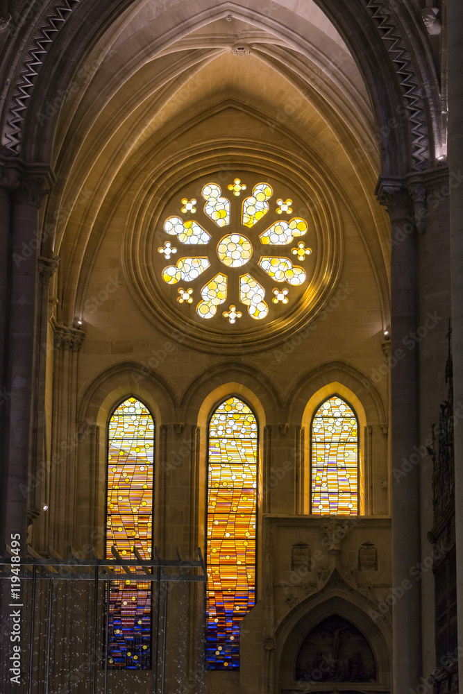 Detail of stained glass window in the interior of the Cathedral, Cuenca, Spain