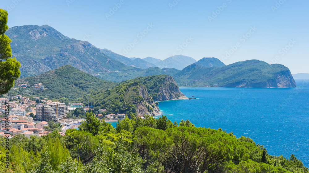 View rocky coastline of Montenegro. In the foreground the villag