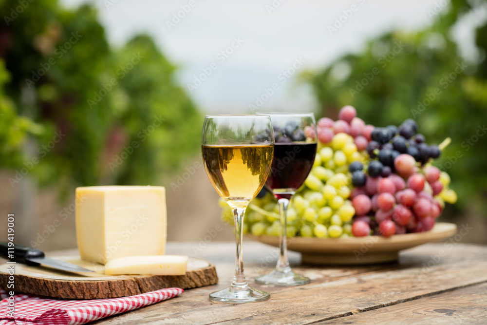 White and red wine in vineyard.