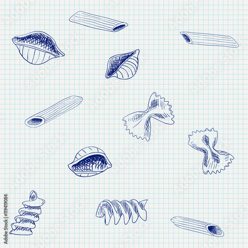 Pasta. Hand drawn sketch on notebook sheet background