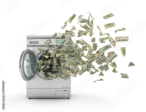 фотографія Money laundering concept. Dollar bills flying from the washing m