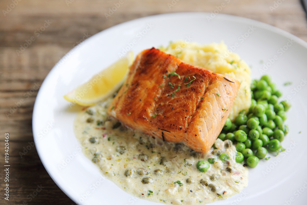 Grilled baked Salmon with potato and beans Grilled baked Salmon with potato and beans