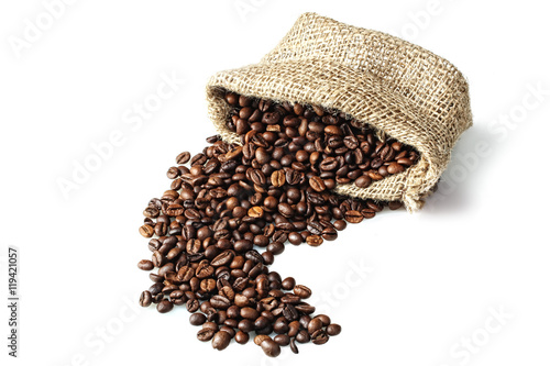Coffee beans in bag on white isolated background