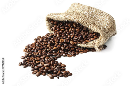 Coffee beans in bag on white isolated background