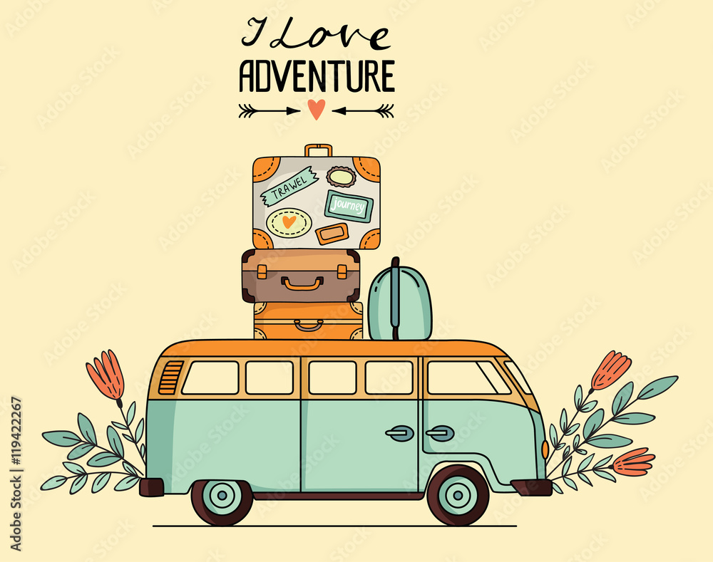 Vector illustration of vintage bus with baggage Stock Vector | Adobe Stock