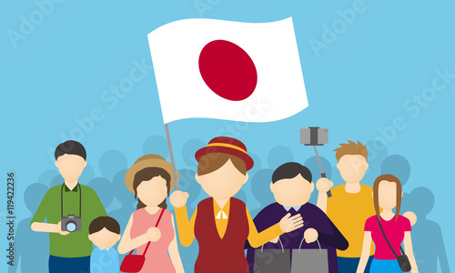 Japanese tourists and tour guide, Inbound tourism, vector illustration