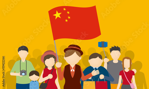Chinese tourists and tour guide, Inbound tourism, vector illustration