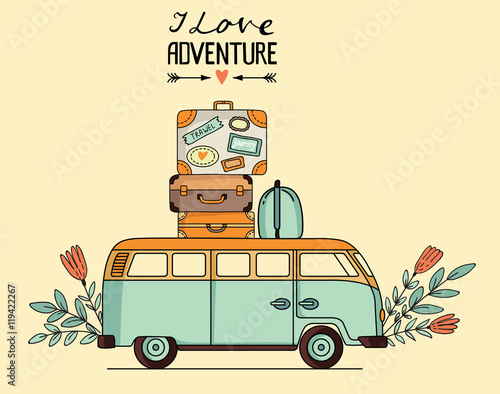 Vector illustration of vintage bus with baggage