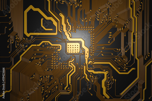 top view of the printed circuit board with yellow tracks 