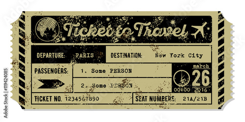 Vintage grungy airplane ticket. Travel concept.