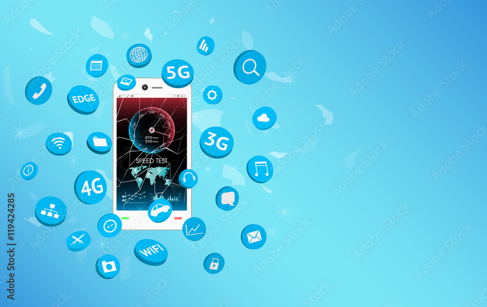 smartphone with speed test screen and apps icon floating smartphone with speed test screen and apps icon floating