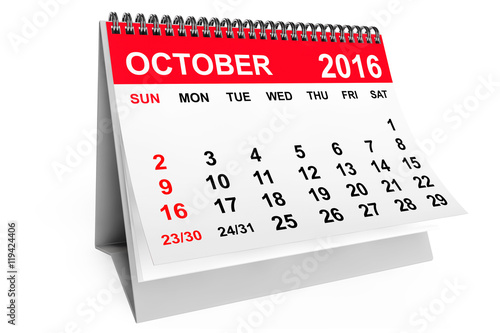 Calendar October 2016. 3d rendering