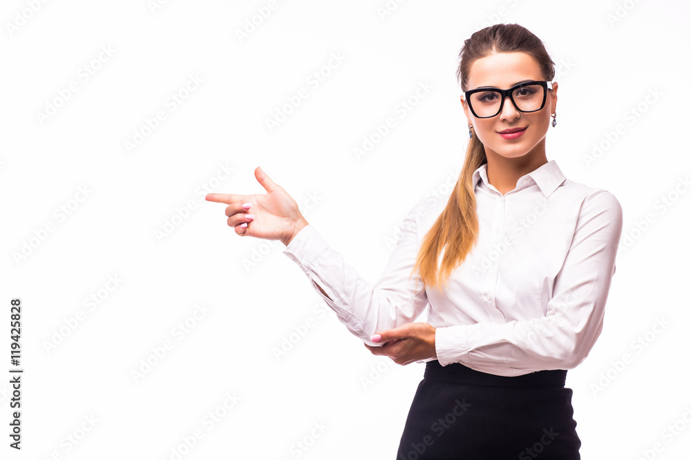 Pretty businesswoman pointing. Isolated Pretty businesswoman pointing. Isolated