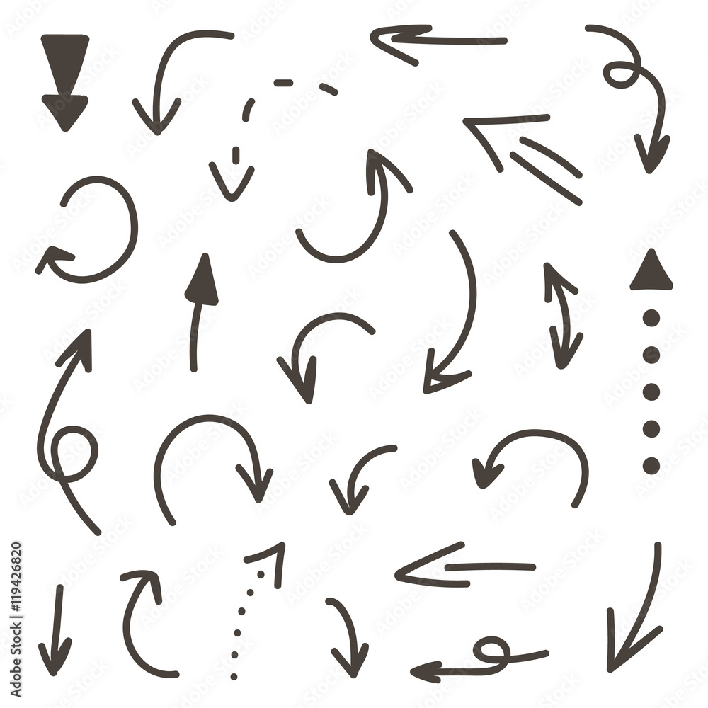 Set of monochrome hand-drawn arrows isolated on white background. Set of monochrome hand-drawn arrows isolated on white background.