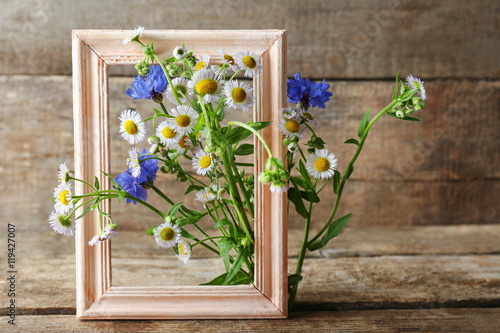 Retro frame with chamomile and bluettes on wooden background photo