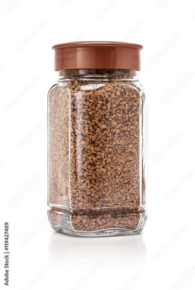 glass bottle packaging of freeze dried coffee isolated on white glass bottle packaging of freeze dried coffee isolated on white