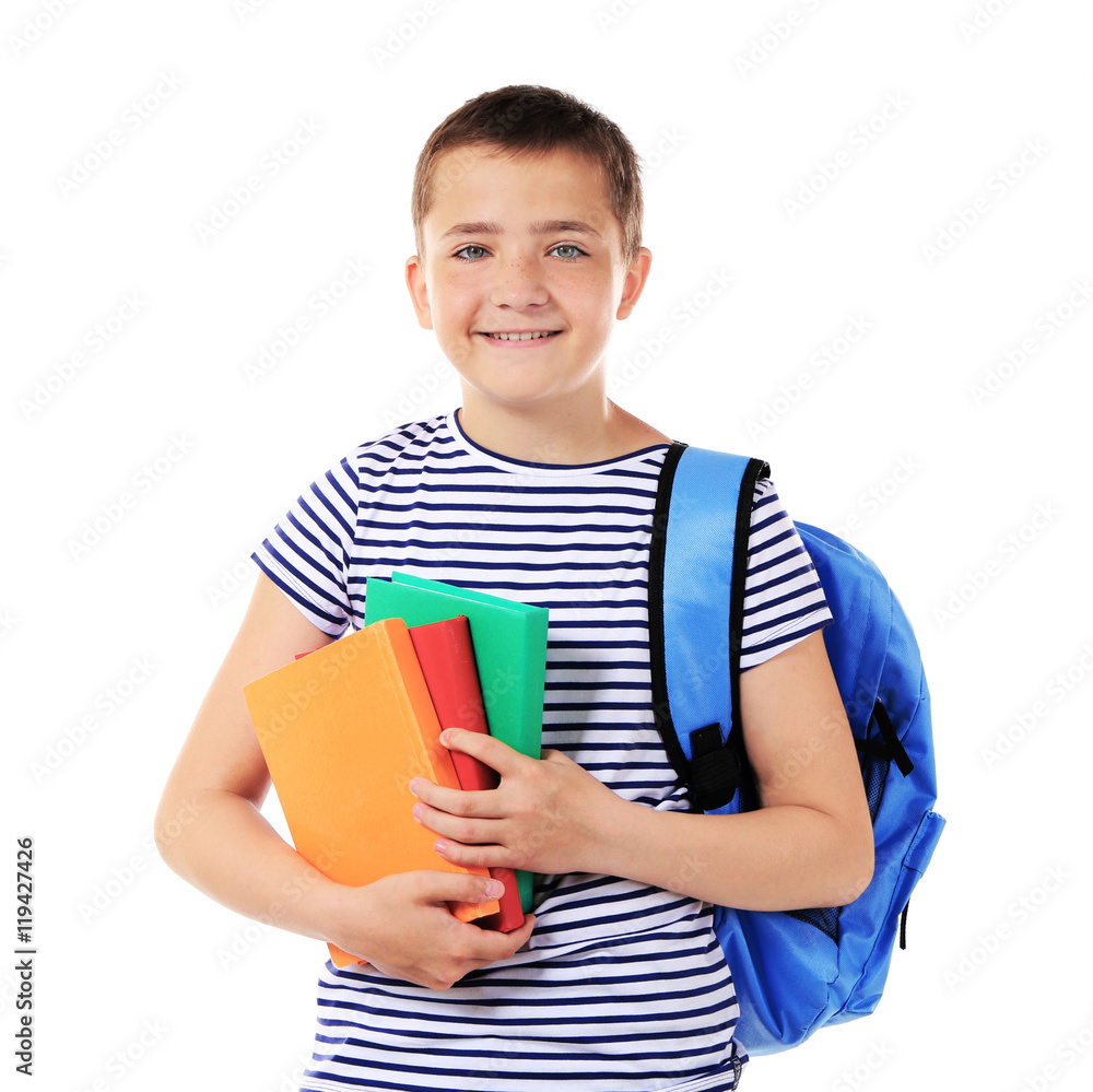 Cute schoolboy with books, isolated on white Cute schoolboy with books, isolated on white