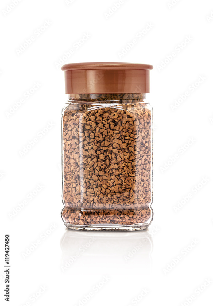 glass bottle packaging of freeze dried coffee isolated on white glass bottle packaging of freeze dried coffee isolated on white