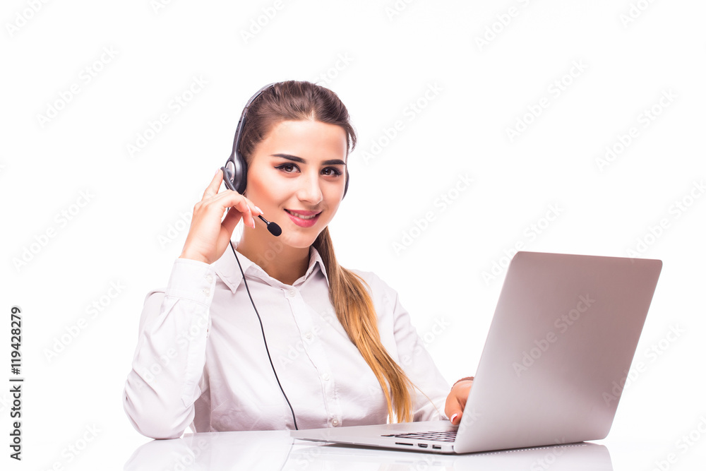 Support phone operator in headset, isolated on white Support phone operator in headset, isolated on white