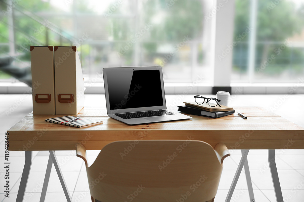 Working place on window background Working place on window background
