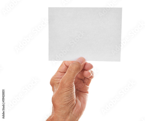 Old man hand holding sheet of paper on a white background © Africa Studio