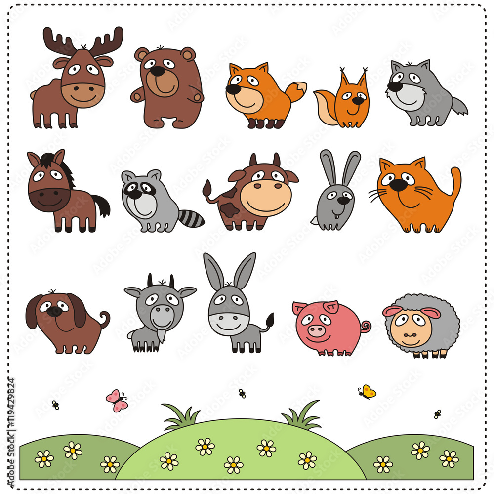 Fototapeta premium Vector set isolated cartoon animals. Collection cute animals in children's style. Funny forest and farm animals.