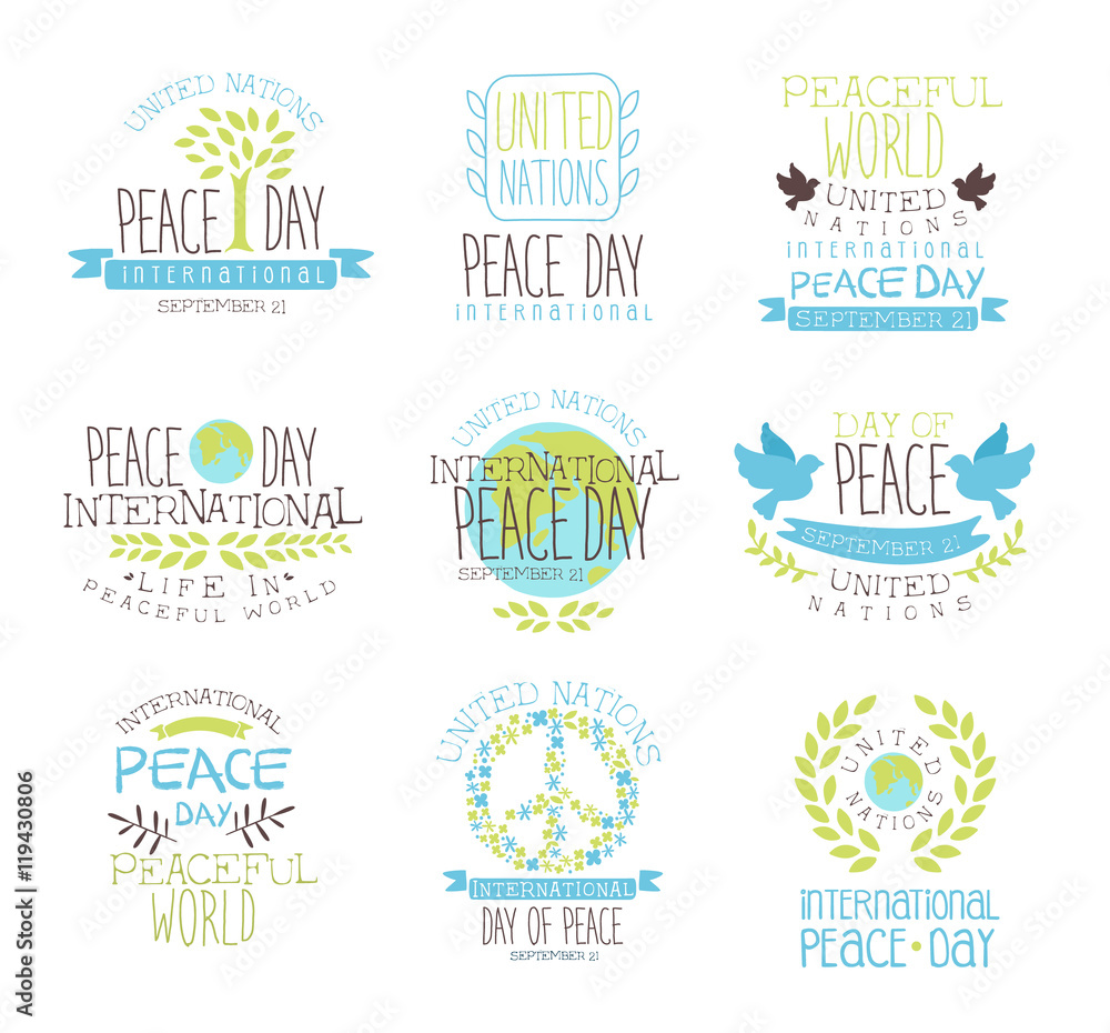 International Peace Day Set Of Label Designs In Pastel Colors