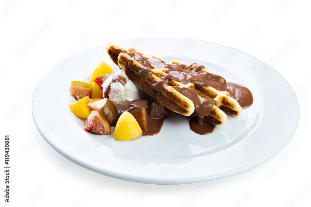 Belgium waffles with fresh berries and chocolate sauce Belgium waffles with fresh berries and chocolate sauce