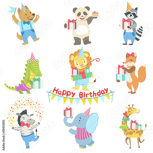 Fototapeta Naklejka Na Ścianę i Meble -  Humanized Animal Characters Attending Birthday Party Celebration Set