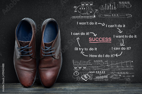 Success scheme text on black board and business shoes