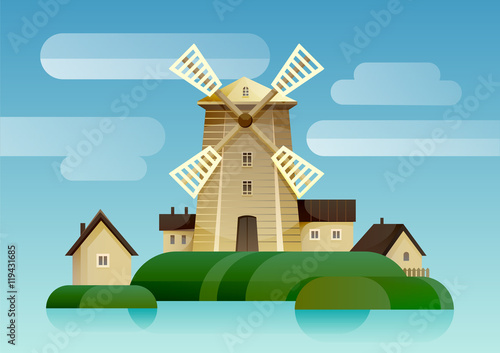 Mill on the island with village nearby