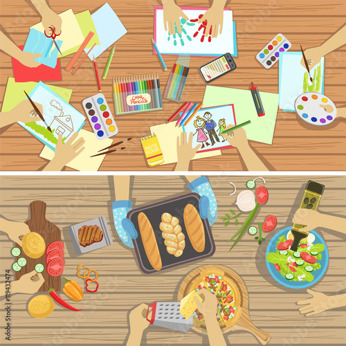 Children Craft And Cooking Lesson Two Illustrations With Only Hands Visible From Above The Table