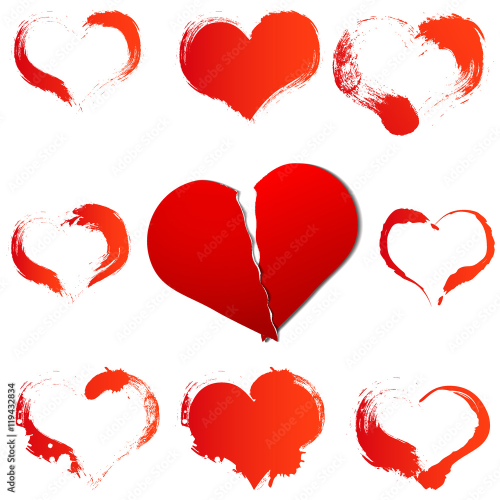 Big red broken heart on white isolated background and set of a grunge hearts Big red broken heart on white isolated background and set of a grunge hearts