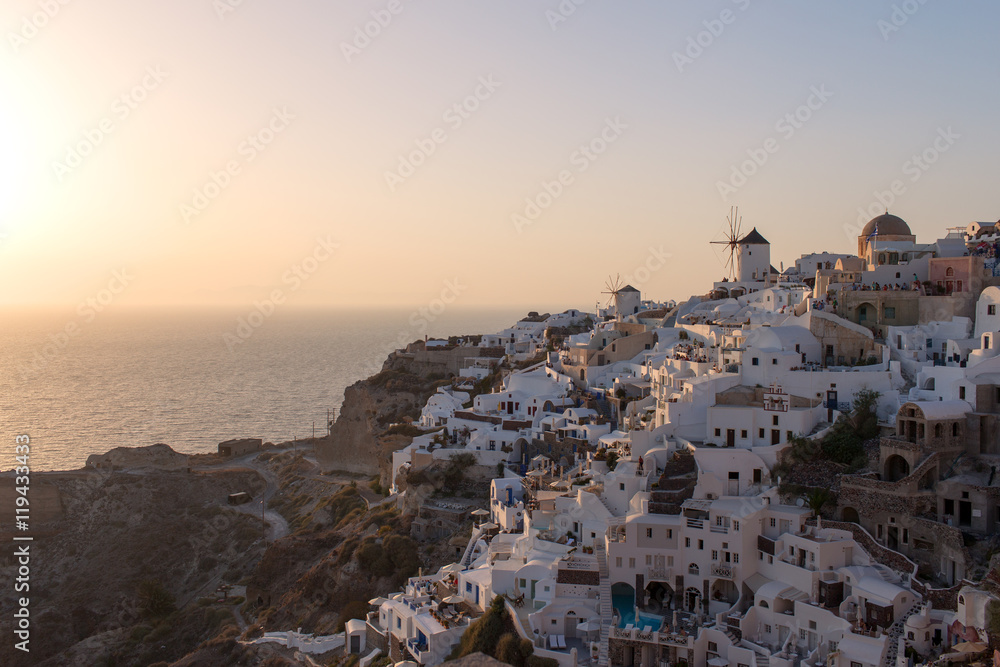 Santorini Island  - view of the famous windmills at sunset