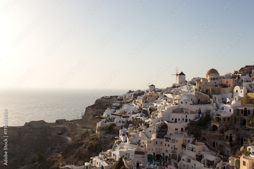 Santorini Island  - view of the famous windmills at sunset