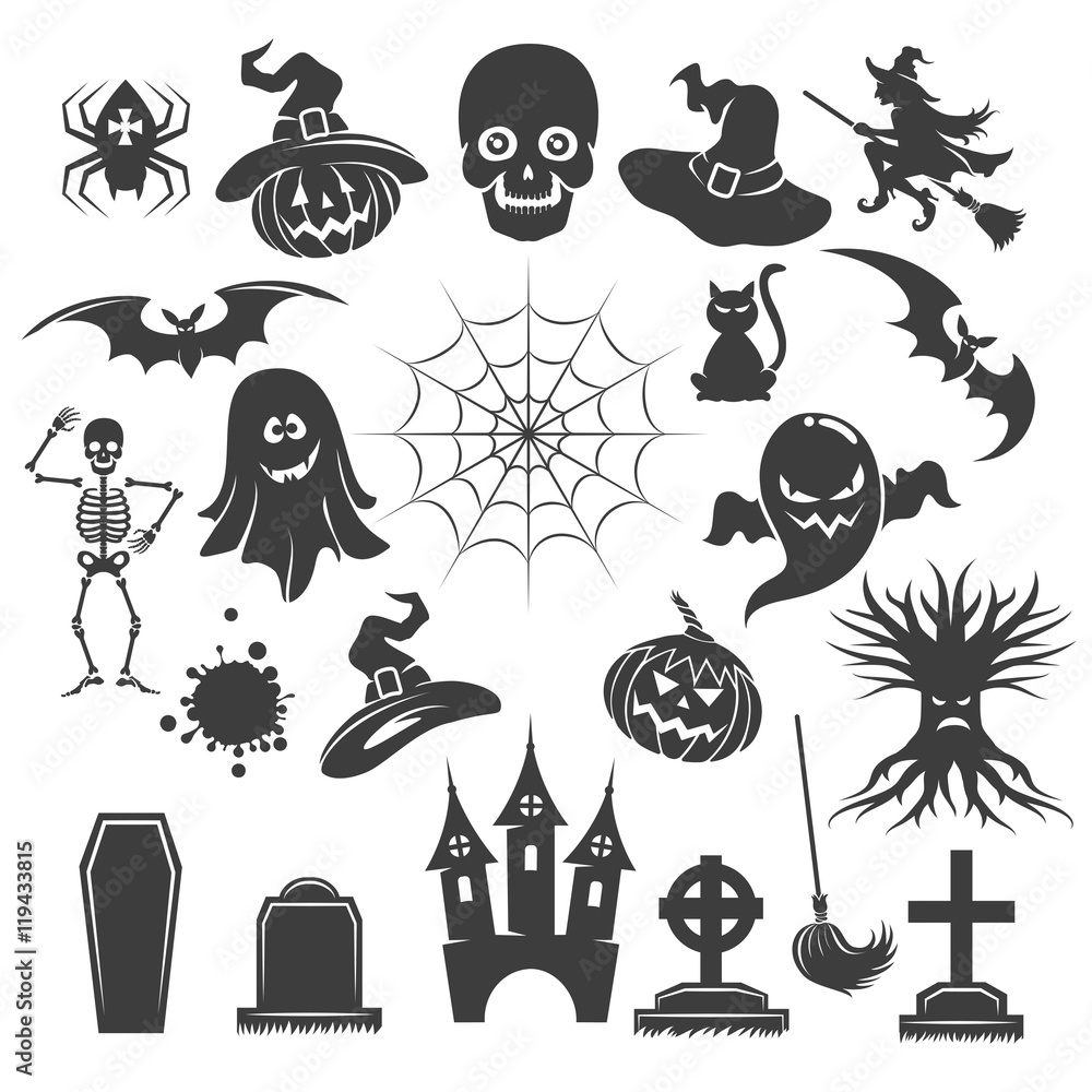 Halloween black icons. Vector creepy spooky signs. Bats and skeleton, owl and ghost silhouettes