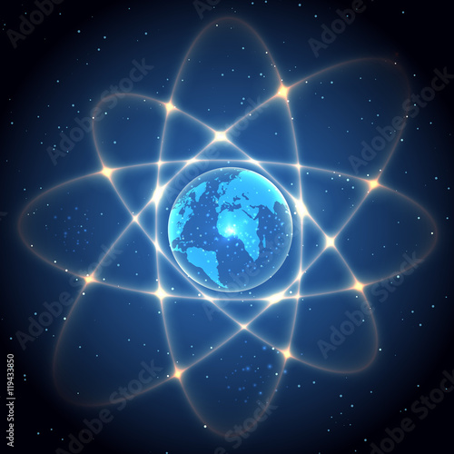 Globe like atom, earth abstract sphere with glowing rings vector illustration