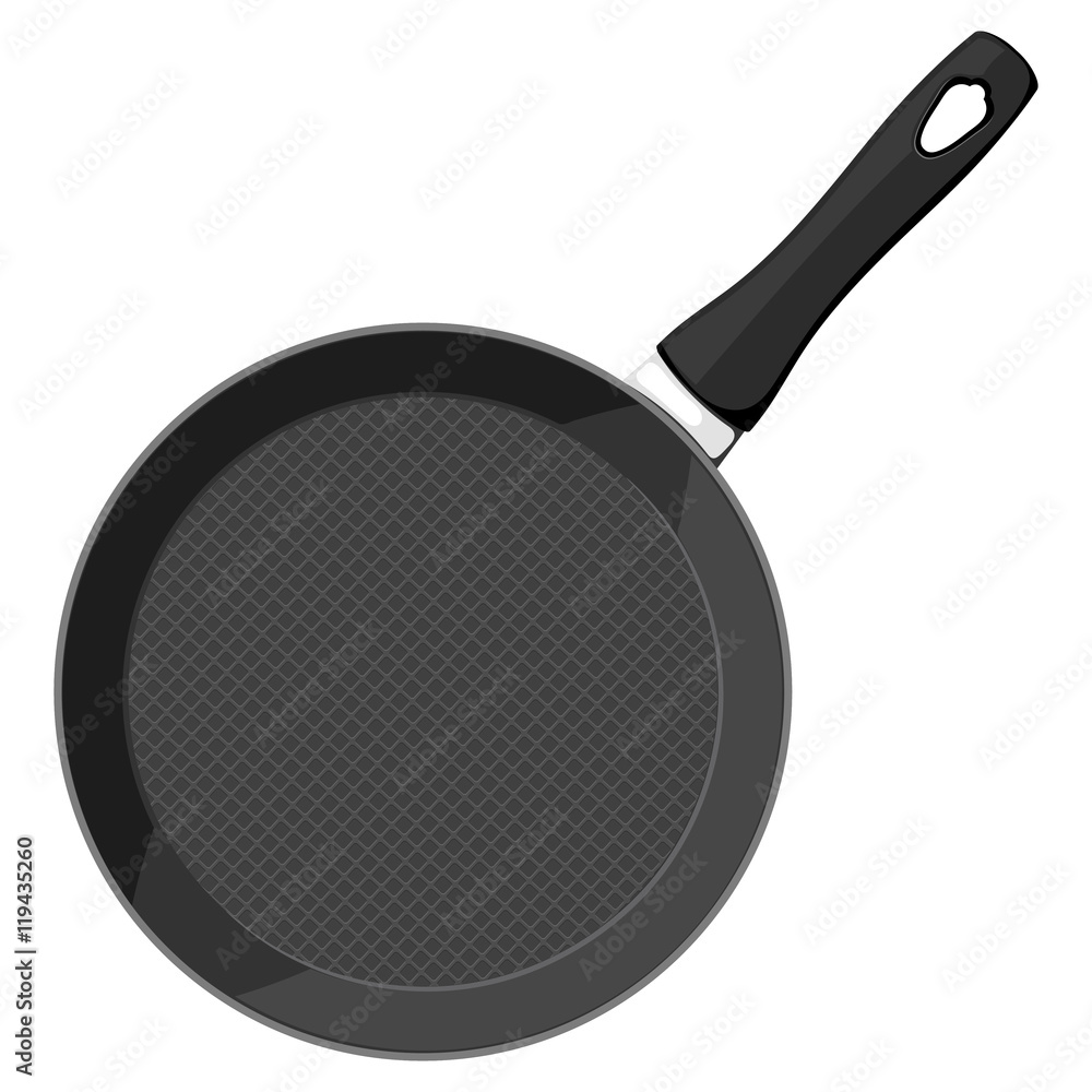 Vector image of a black cast iron pan with a handle on a white b Vector image of a black cast iron pan with a handle on a white b