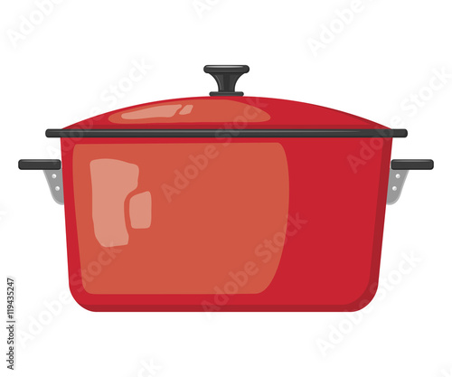 Cartoon red pot with lid on white background. Kitchen utensils.