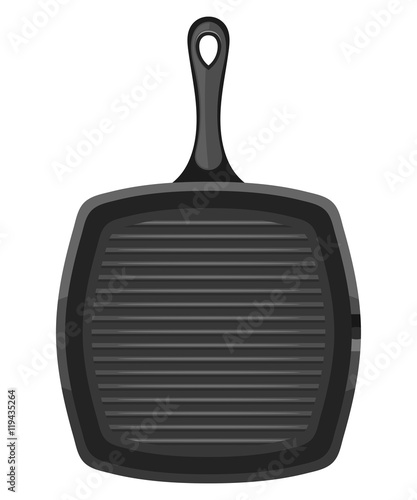 Vector image of a black square cast iron pan with a handle on a