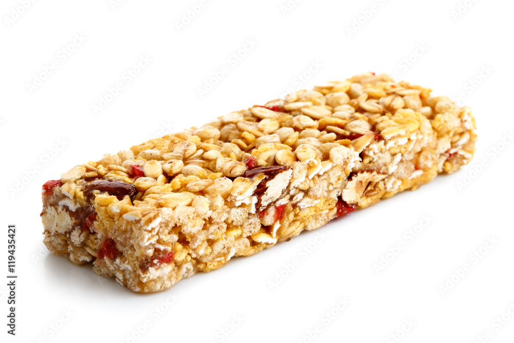 Strawberry, oat and nut bar isolated on white. Strawberry, oat and nut bar isolated on white.