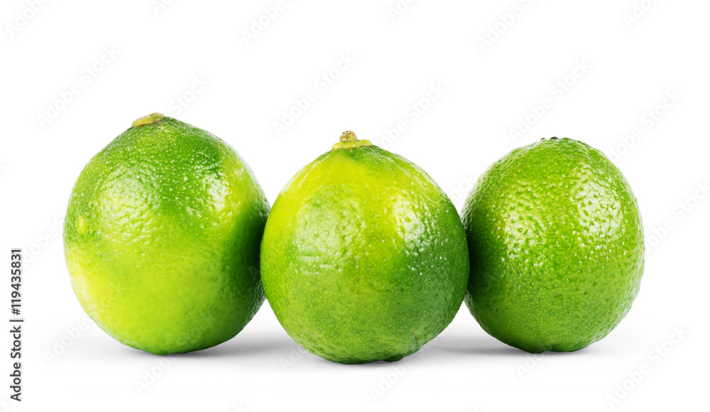 three limes isolated on white background close up three limes isolated on white background close up