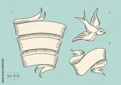 Set of old vintage ribbon banners and drawing in engraving style. Hand drawn design element. Illustration.
