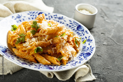 Pasta with sun dried tomatoes pesto and cheese