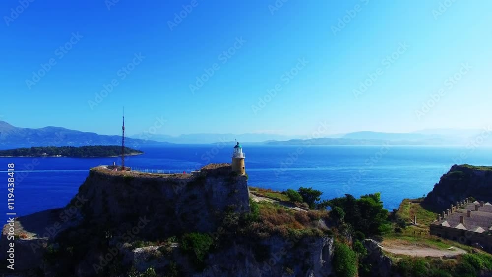 Old Fortress, Kerkyra Corfu castle island, Greece aerial 4k video. Garitsa Bay sea ocean coast, old city Old Fortress, Kerkyra Corfu castle island, Greece aerial 4k video. Garitsa Bay sea ocean coast, old city