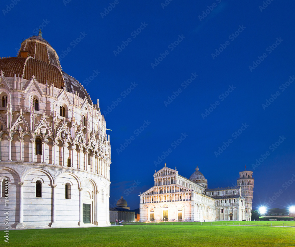 Baptistry, the Duomo and Leaning Tower of Pisa at night