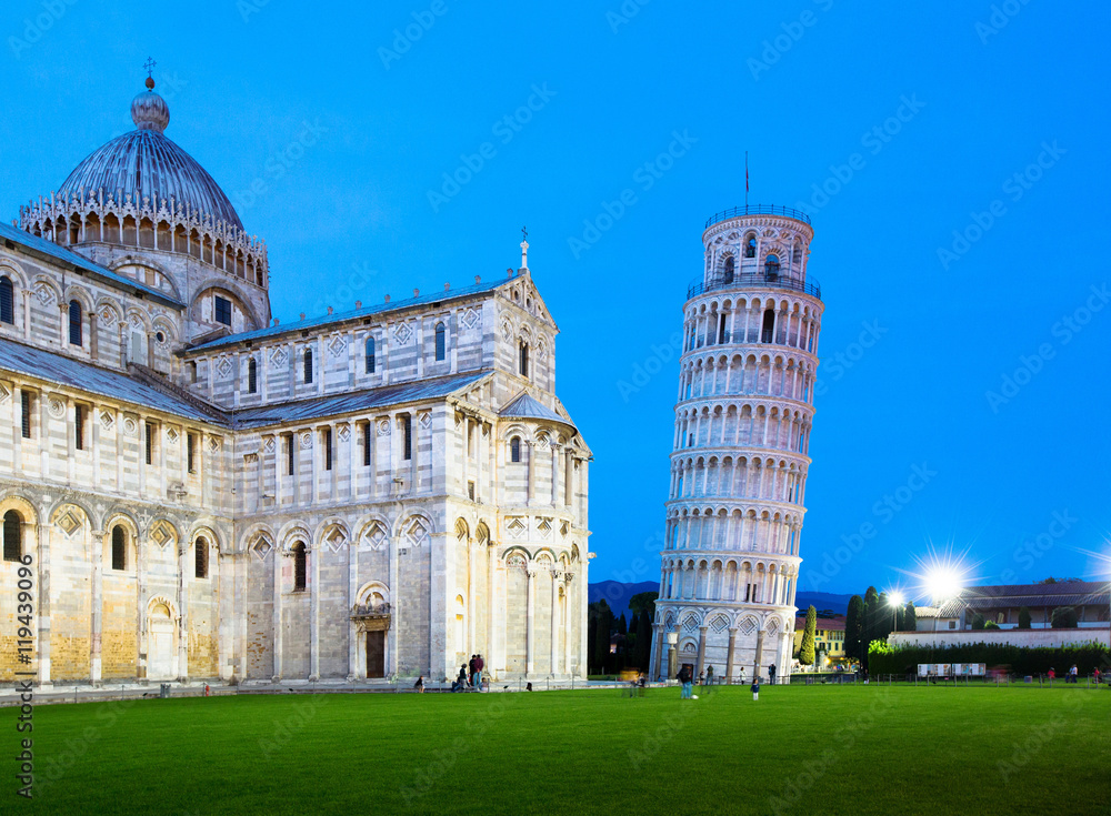 The Leaning Tower of Pisa and cathedral at dusk
