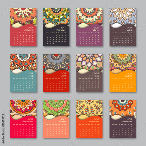 Calendar 2017 start sunday with hand drawn mandala. Vintage orie