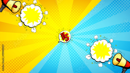 Versus letters fight illustration. Vector background with loudspeakers and speech bubbles. Decorative backdrop with bomb explosive in pop art style.