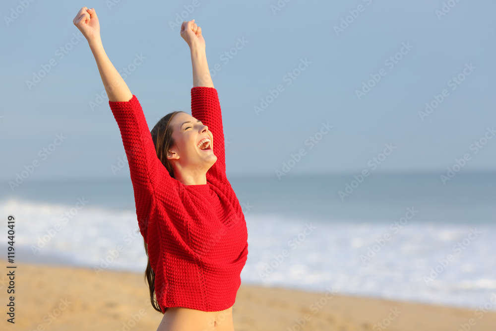Happy funny excited woman on the beach Happy funny excited woman on the beach